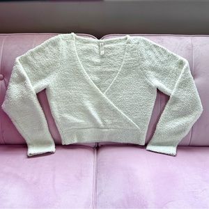 Daily Practice by Anthropologie Ivory Fuzzy Knit Wrap Crop Sweater Size Medium